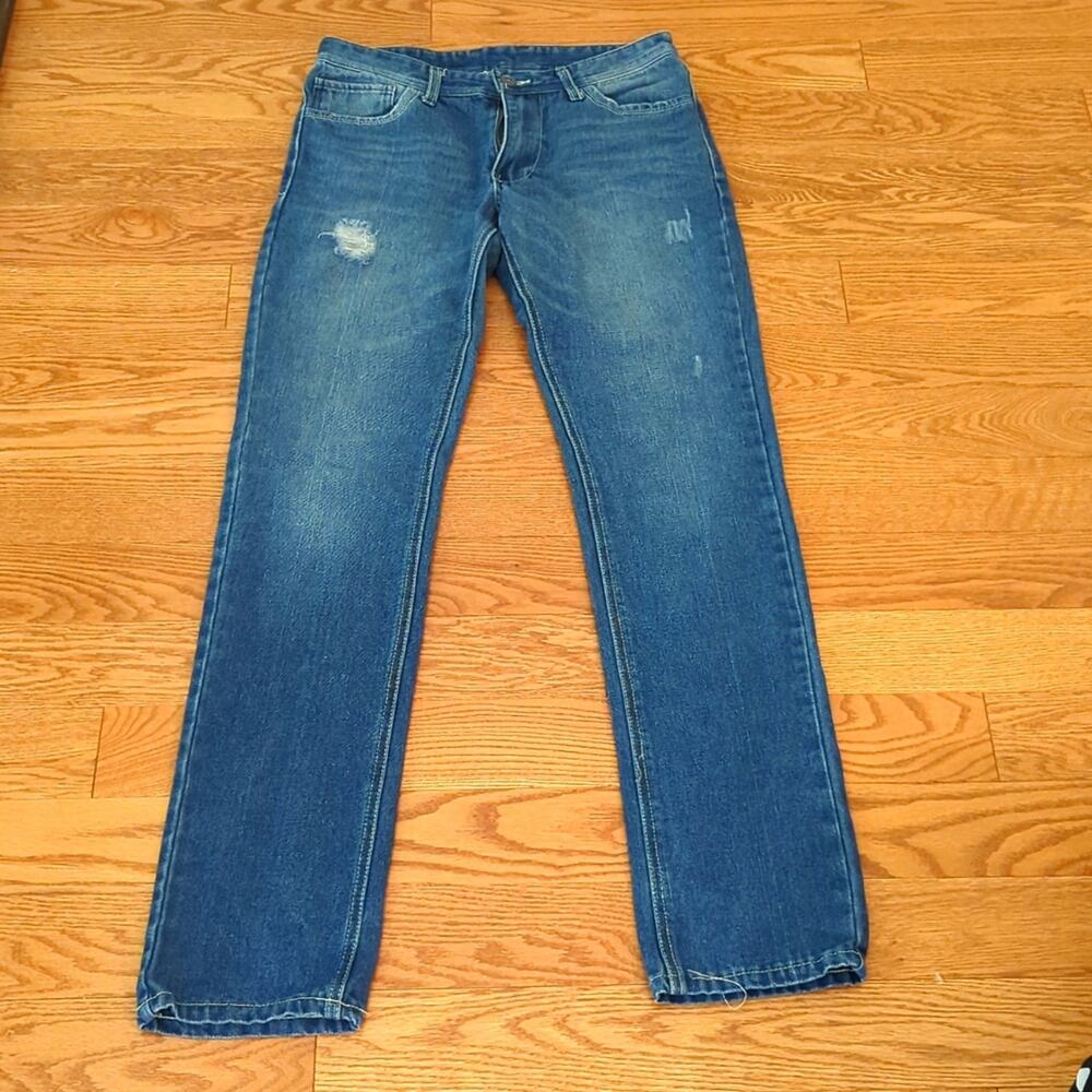 Gray Earth Rigid Distressed High Rise Straight Leg Denim Jeans Size 32